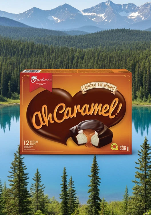 Box of Ah Caramel chocolate cakes with a heart-shaped design on an orange background