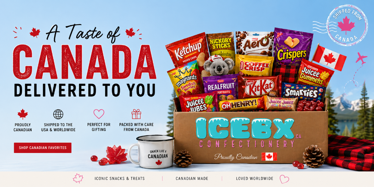 Box of snacks with Canadian branding and text 'A Taste of Canada Delivered to You' on a blue background.