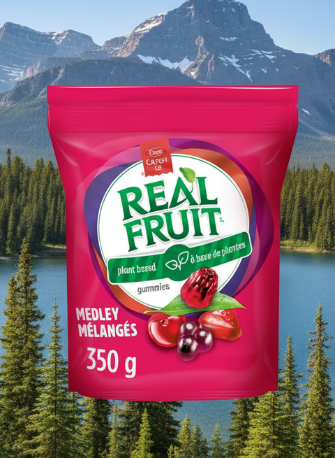 Pink package of Dare Candy Co. Real Fruit gummies with a label on a white background