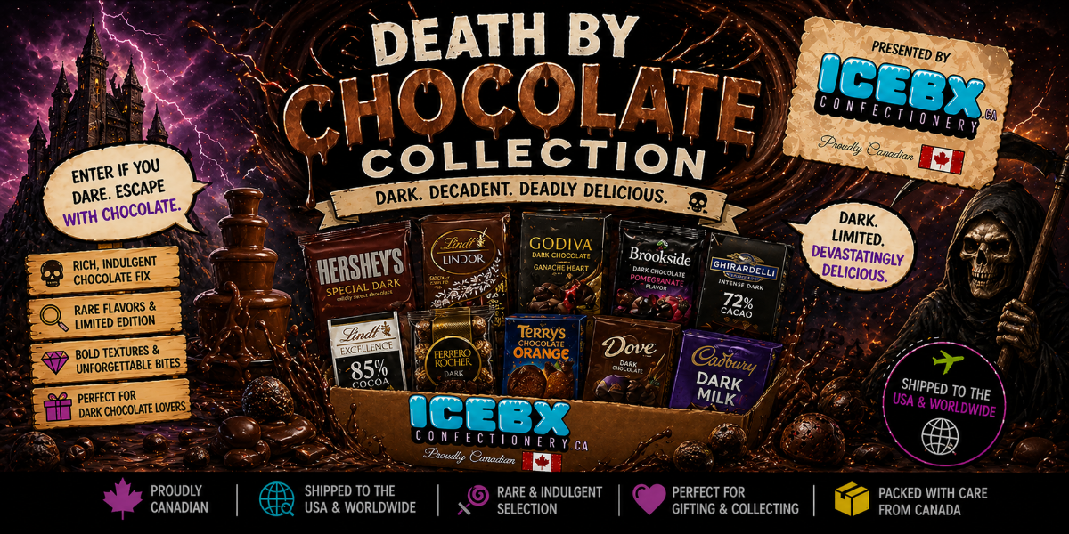 Promotional graphic for 'Death by Chocolate Collection' featuring various chocolate bars and Icebx Confections branding.