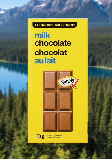 Yellow packaging of No Name milk chocolate with 'Simple' logo on a white background