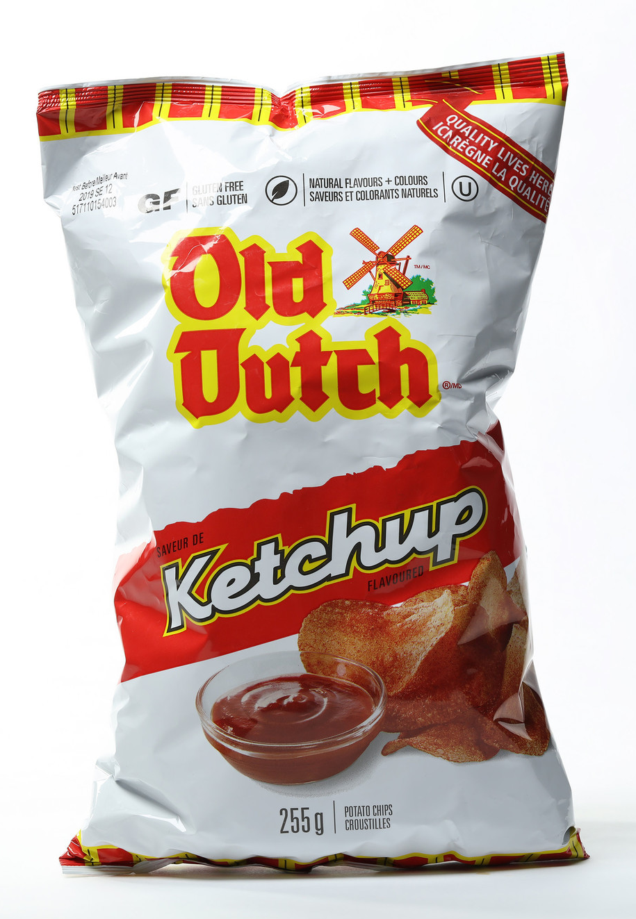 Bag of Old Dutch Ketchup chips on a white background