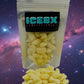 Clear packaging of yellow candy with 'ICEBX' branding on a white background