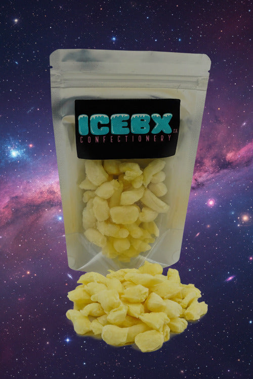 Clear packaging of yellow candy with 'ICEBX' branding on a white background
