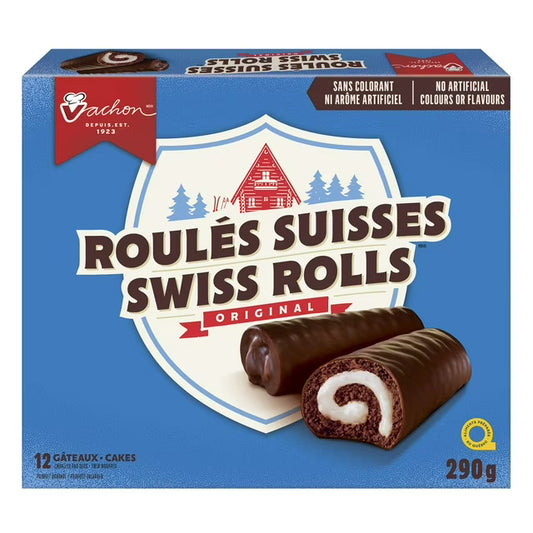 a blue box of vachon swiss rolls snack cake
